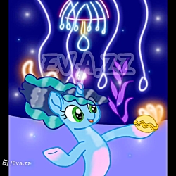 Size: 250x250 | Tagged: safe, artist:mlpeva, imported from derpibooru, pony, seapony (g4), unicorn, blue mane, female, flowing mane, g5, glowing, glowing horn, green eyes, horn, low quality, lowres, mare, misty brightdawn, ocean, open mouth, open smile, seaponified, seapony misty brightdawn, seaquestria, seashell, smiling, solo, species swap, teeth, underwater, water, watermark