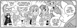 Size: 1334x486 | Tagged: safe, artist:nekoshiei, imported from derpibooru, seven seas, applejack, fluttershy, pinkie pie, rainbow dash, rarity, twilight sparkle, alicorn, earth pony, pegasus, pony, unicorn, my little pony: the manga, spoiler:manga3, 80s, alternate hairstyle, alternate universe, dialogue, g4, mane six, manga, monochrome, my little pony: the manga volume 3, speech bubble, twilight sparkle (alicorn)