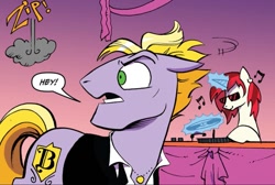 Size: 1113x750 | Tagged: safe, artist:andypriceart, idw, imported from derpibooru, 33 1-3 lp, buck withers, long play, earth pony, pony, unicorn, neigh anything, spoiler:comic, spoiler:comic12, dialogue, dishevelled, emanata, g4, glowing, glowing horn, gradient background, horn, levitation, magic, male, solo focus, speech bubble, stallion, telekinesis