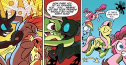 Size: 1334x694 | Tagged: safe, artist:andypriceart, idw, imported from derpibooru, fluttershy, pinkie pie, rainbow dash, changeling, earth pony, pegasus, pony, the return of queen chrysalis, spoiler:comic, spoiler:comic01, aggressive, angry, badass, bouncing, dialogue, disguise, disguised changeling, duo focus, emanata, female, flutterbadass, flutterrage, furious, g4, gradient background, gritted teeth, if that's okay with you, mare, onomatopoeia, open mouth, pow, punch, shocked, shocked expression, speech bubble, stunned, surprised, teeth