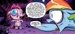 Size: 1334x603 | Tagged: safe, artist:andypriceart, idw, imported from derpibooru, pinkie pie, rainbow dash, earth pony, pegasus, pony, the return of queen chrysalis, spoiler:comic, spoiler:comic03, clothes, costume, dialogue, duo, faic, female, g4, grin, how, mare, open mouth, pinkie being pinkie, pinkie logic, pony costume, rainbow dash is best facemaker, shocked, shocked expression, smiling, speech bubble, tongue out, unsettling