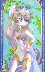 Size: 2595x4096 | Tagged: safe, artist:irinamar, imported from derpibooru, oc, oc only, anthro, pony, unicorn, anthro oc, belly button, breasts, cleavage, clothes, eye clipping through hair, female, grey hair, high res, horn, jewelry, revealing clothing, solo, stained glass, stained glass window