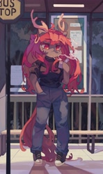 Size: 2428x4096 | Tagged: safe, artist:saxopi, imported from derpibooru, oc, oc only, anthro, antlers, arm hooves, bus stop, cigarette, clothes, converse, denim, ear piercing, earring, hand in pocket, jeans, jewelry, pants, piercing, shoes, smoking, solo, unknown species