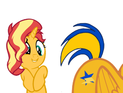 Size: 1280x960 | Tagged: safe, artist:mlpfan3991, imported from derpibooru, sunset shimmer, oc, oc:flare spark, pegasus, pony, unicorn, eyes on the prize, female, flank, flareset, hip, lesbian, looking at butt, shipping, show accurate, simple background, smiling, tail, transparent background, wings