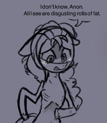 Size: 1201x1384 | Tagged: safe, anonymous artist, imported from derpibooru, part of a set, sunny starscout, earth pony, pony, series:anorexic sunny, anorexia, anorexic, belly, belly button, body dysmorphia, concave belly, crying, delusional, emaciated, female, g5, implied anon, mare, monochrome, part of a series, ribcage, ribs, sad, skinny, starvation, thin, unshorn fetlocks