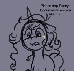 Size: 1427x1367 | Tagged: safe, anonymous artist, imported from derpibooru, part of a set, izzy moonbow, pony, unicorn, series:anorexic sunny, begging, concerned, crying, female, g5, implied sunny starscout, mare, monochrome, part of a series, raised hoof, sad, talking