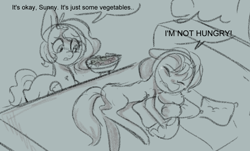 Size: 1162x704 | Tagged: safe, anonymous artist, imported from derpibooru, part of a set, pipp petals, sunny starscout, earth pony, pegasus, pony, series:anorexic sunny, adorapipp, anorexia, anorexic, butt, crying, cute, dialogue, female, food, g5, mare, monochrome, part of a series, plot, ribcage, sad, salad, skinny, starvation, talking, thin