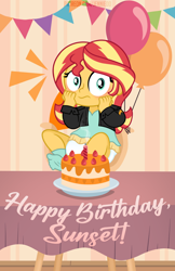 Size: 648x1000 | Tagged: safe, artist:jennieoo, imported from derpibooru, sunset shimmer, human, equestria girls, age regression, baby, babyset shimmer, balloon, birthday cake, blushing, cake, diaper, food, happy birthday, shocked, show accurate, solo, table, vector, younger