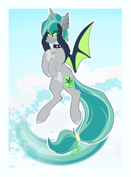 Size: 1920x2600 | Tagged: safe, artist:ezzerie, imported from derpibooru, oc, oc only, oc:rebel riot, bat pony, art trade, cloud, flight trail, flying, solo