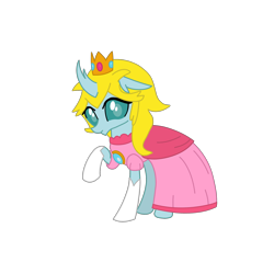 Size: 2100x2100 | Tagged: safe, artist:chanyhuman, imported from derpibooru, ocellus, changedling, changeling, clothes, cosplay, costume, crown, dress, female, frown, high res, jewelry, nintendo, princess peach, princess toadstolle, raised hoof, regalia, simple background, solo, super mario bros., transparent background, vector