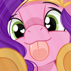 Size: 2000x2000 | Tagged: safe, artist:emberslament, imported from derpibooru, pipp petals, pegasus, pony, :3, :p, adorapipp, cute, female, g5, heart, heart eyes, licking, licking the fourth wall, looking at you, mare, mlem, silly, solo, tongue out, underhoof, wingding eyes