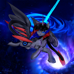 Size: 3000x3000 | Tagged: safe, artist:dankpegasista, imported from derpibooru, oc, oc:trinity α, alicorn, pony, black hole, blue eyes, detailed background, dynamic pose, evil eyes, flowy mane, full body, galaxy, highlights, hooves, horn, male, shading, solo, space, spread wings, stars, tentacles, wings