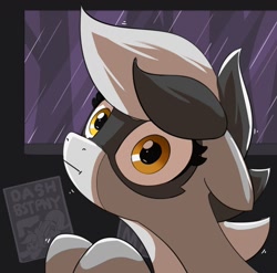 Size: 1478x1463 | Tagged: safe, artist:pabbley, imported from derpibooru, oc, oc only, oc:bandy cyoot, hybrid, pony, raccoon, raccoon pony, bust, female, floppy ears, looking at you, mare, rain, solo, storm, window