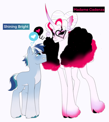 Size: 2558x2872 | Tagged: safe, artist:aztrial, imported from derpibooru, princess cadance, shining armor, oc, oc:madame cadenza, oc:shining bright, earth pony, pony, unicorn, alternate universe, black sclera, blaze (coat marking), blushing, clothes, coat, coat markings, colored hooves, curved horn, earth pony shining armor, eyeshadow, facial markings, female, freckles, gradient ears, gradient horn, gradient legs, gradient mane, horn, looking at each other, looking at someone, makeup, male, pale belly, race swap, shiningcadance, shipping, simple background, straight, unicorn cadance, unshorn fetlocks, white background
