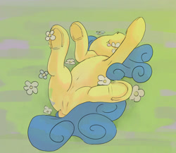 Size: 2048x1779 | Tagged: safe, artist:mandumustbasukanemen, imported from derpibooru, lemon hearts, pony, unicorn, armpits, belly button, butt, cute, dock, eating, featureless crotch, female, flower, grass, grass field, herbivore, horses doing horse things, lying down, mare, on back, plot, smiling, solo, tail, underhoof