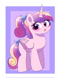 Size: 1581x2048 | Tagged: safe, artist:leo19969525, imported from derpibooru, princess cadance, alicorn, pony, blushing, bow, female, hair bow, mare, open mouth, simple background, solo, tail, tail bow, teen princess cadance