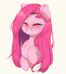 Size: 897x1000 | Tagged: safe, artist:inkypuso, imported from derpibooru, pinkie pie, earth pony, pony, alternate hairstyle, blushing, bust, crying, eyes closed, female, grin, mare, pinkamena diane pie, portrait, simple background, smiling, solo, straight hair, tears of joy, teary eyes