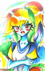 Size: 1303x2048 | Tagged: safe, artist:applejack_yokai, imported from derpibooru, rainbow dash, human, equestria girls, blushing, solo, traditional art