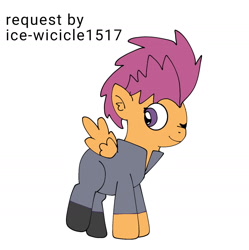 Size: 1437x1440 | Tagged: safe, artist:icicle-wicicle-1517, artist:rayyfakemon186, color edit, edit, imported from derpibooru, scootaloo, pegasus, pony, alternate hairstyle, boots, clothes, collaboration, colored, female, filly, foal, jacket, leather, leather jacket, one eye closed, pants, punk, shoes, simple background, solo, white background, wink