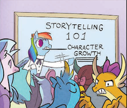 Size: 280x238 | Tagged: safe, idw, imported from derpibooru, gallus, ocellus, rainbow dash, sandbar, silverstream, smolder, yona, spoiler:comic, my little pony classics reimagined: little fillies, picture for breezies, pointer, student six, whiteboard