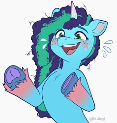 Size: 1143x1200 | Tagged: safe, artist:caytlin vilbrandt, imported from derpibooru, pony, unicorn, blushing, emanata, frog (hoof), g5, misty, nervous sweat, open mouth, open smile, simple background, smiling, solo, sweat, sweatdrops, underhoof, white background