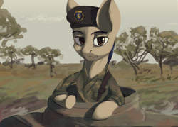 Size: 1280x916 | Tagged: safe, artist:monx94, imported from derpibooru, oc, oc only, earth pony, pony, equestria at war mod, earth pony oc, half body, looking at you, military, nature, savanna, solo, tank (vehicle), tree