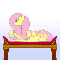 Size: 1000x1000 | Tagged: safe, artist:saint boniface, imported from derpibooru, fluttershy, pegasus, pony, couch, cup, gradient background, lying down, prone, solo