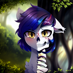 Size: 1536x1536 | Tagged: safe, editor:mr-bat, imported from derpibooru, bat pony, ai content, ai generated, bone, bush, generator:stable diffusion, grass, jungle, one ear down, pony ears, skeleton, slit pupils, tree, two sides