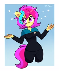 Size: 1707x2048 | Tagged: safe, artist:darkynez, imported from derpibooru, oc, oc only, oc:cuihua, anthro, earth pony, clothes, female, mare, simple background, smiling, solo, star trek, uniform