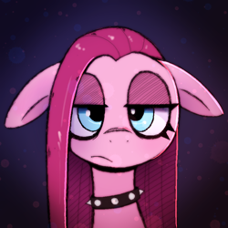 Size: 884x884 | Tagged: safe, artist:pizzahutjapan, color edit, colorist:xbi, edit, editor:xbi, imported from derpibooru, pinkie pie, earth pony, pony, collar, colored, female, floppy ears, looking at you, mare, pinkamena diane pie, solo