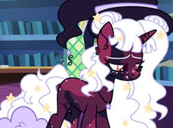 Size: 1000x738 | Tagged: safe, artist:fuckomcfuck, edit, edited screencap, imported from derpibooru, screencap, oc, oc:bloody moon, pegasus, pony, hat, horn, horn jewelry, jewelry, library, necklace, solo, stars, witch hat
