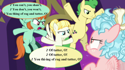 Size: 1280x720 | Tagged: safe, edit, edited screencap, imported from derpibooru, screencap, cozy glow, huckleberry, peppermint goldylinks, summer breeze, pony, school raze, angry, bow, friendship student, gilbert and sullivan, hair bow, lyrics, school of friendship, song reference, speech bubble, text, the grand duke, well you're a pretty kind of fellow