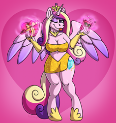 Size: 1867x1974 | Tagged: safe, artist:metallicumbrage, imported from derpibooru, part of a set, princess cadance, alicorn, anthro, unguligrade anthro, bare midriff, bare shoulders, belly button, breasts, busty princess cadance, candy, cleavage, clothes, crown, dress, evening gloves, eyeshadow, fingerless elbow gloves, fingerless gloves, food, gloves, glowing, heart shaped box, holiday, human to anthro, human to pony, jewelry, levitation, long gloves, long mane, long tail, looking at you, magic, magic aura, makeup, male to female, necklace, one eye closed, part of a series, pink background, regalia, rule 63, short dress, signature, simple background, slit, smiling, solo, sparkles, spread wings, standing, tail, telekinesis, tight clothing, tongue out, transformation, transgender, transgender transformation, valentine's day, wall of tags, wings, wink, winking at you