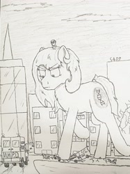 Size: 3432x4580 | Tagged: safe, artist:cap_watching, imported from derpibooru, earth pony, pony, car, city, commission, female, giant pony, giantess, macro, mare, meta, micro, pencil, pencil drawing, stomping, traditional art, twitter