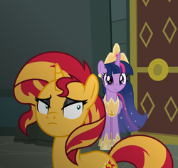 Size: 6012x5664 | Tagged: safe, artist:emeraldblast63, imported from derpibooru, sunset shimmer, twilight sparkle, alicorn, pony, unicorn, comic:the tale of two sunsets, equestria girls, the last problem, crown, duo, duo female, female, human sunset, jewelry, mare, older, older twilight, princess twilight 2.0, regalia, twilight sparkle (alicorn)