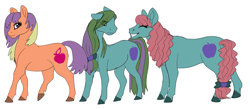 Size: 4000x1748 | Tagged: safe, artist:cyclone62, imported from derpibooru, bright bramley, earth pony, pony, apple pie (g2), bow, eyes closed, female, g2, grin, hair bow, hooves, mare, raised leg, siblings, simple background, sisters, smiling, tail, tail bow, trio, trio female, twin sisters, twins, unamused, white background