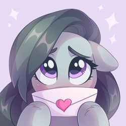 Size: 2000x2000 | Tagged: safe, artist:skysorbett, imported from derpibooru, marble pie, earth pony, pony, blushing, cute, female, g4, hearts and hooves day, holiday, letter, looking at you, love letter, marblebetes, mare, simple background, solo, sparkles, valentine's day, valentine's day card