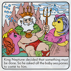 Size: 900x900 | Tagged: artist needed, safe, imported from derpibooru, backstroke, sea star, human, sea pony, comic:my little pony (g1), baby, baby sea ponies, bow, facial hair, female, g1, hair bow, king neptune, official comic, scan, the strange shell, trident, trio, upscaled