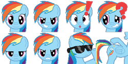 Size: 384x192 | Tagged: safe, artist:scootaloormayfly, imported from derpibooru, rainbow dash, pegasus, pony, angry, bored, confused, drug use, drugs, exclamation point, female, folded wings, grin, happy, looking at you, mare, multeity, multicolored hair, picture for breezies, pixel art, question mark, rainbow hair, rpg maker, simple background, smiling, solo, sprite, sprite sheet, steroids, sunglasses, surprised, transparent background, wings