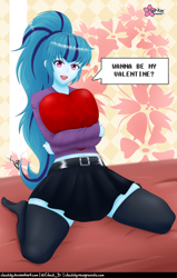 Size: 634x1000 | Tagged: safe, artist:clouddg, imported from derpibooru, sonata dusk, human, equestria girls, bronybait, clothes, heart, heart pillow, holiday, hug, kneeling, miniskirt, open mouth, open smile, pillow, pillow hug, skirt, smiling, socks, speech bubble, talking to viewer, thigh highs, thigh socks, valentine's day, zettai ryouiki