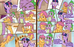 Size: 3900x2500 | Tagged: safe, artist:loverashley, imported from derpibooru, scootaloo, spike, twilight sparkle, alicorn, dragon, pegasus, pony, comic, dialogue, fanfic art, female, filly, foal, implied sex, male, mare, scootaspike, shipping, speech bubble, straight, twilight sparkle (alicorn)