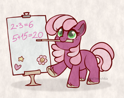 Size: 2222x1751 | Tagged: safe, artist:marsel1nushka, imported from derpibooru, cheerilee, earth pony, pony, blank flank, cheeribetes, colored pupils, cute, female, filly, filly cheerilee, foal, freckles, math, mouth hold, pointer, solo, underhoof, unshorn fetlocks, younger