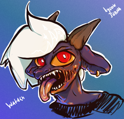 Size: 1419x1366 | Tagged: safe, artist:watashiao, imported from derpibooru, oc, oc:alek, goat, bust, fangs, floppy ears, furry, horns, paint on fur, piercing, portrait, red pupils, simple background, solo, tongue out, white hair, yellow eyes