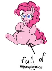 Size: 688x948 | Tagged: safe, artist:moetempura, imported from derpibooru, pinkie pie, earth pony, pony, belly, belly button, big belly, chubby, colored sketch, female, full of pilk, hoof heart, looking at you, mare, meme, microplastics, simple background, sketch, solo, text, underhoof, white background