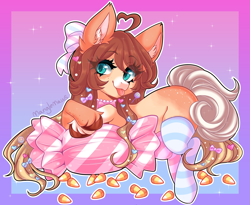 Size: 2208x1813 | Tagged: safe, artist:manglemaws, imported from derpibooru, oc, oc only, oc:candy apple, earth pony, pony, :p, ahoge, bow, bowtie, candy, clothes, coat markings, colored hooves, ear fluff, eye clipping through hair, female, food, freckles, hair bow, mare, mismatched socks, simple background, socks, solo, striped socks, tongue out, unshorn fetlocks