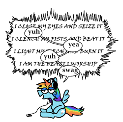 Size: 2244x2232 | Tagged: safe, artist:punkittdev, imported from derpibooru, rainbow dash, pegasus, pony, death grips, dialogue, female, headphones, lidded eyes, lyrics, mare, simple background, sitting, solo, speech bubble, text, walkman, white background