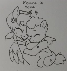 Size: 1412x1502 | Tagged: safe, artist:pony quarantine, imported from derpibooru, pegasus, pony, cute, duo, eyes closed, female, floating heart, foal, grayscale, heart, hug, monochrome, mother and child, traditional art