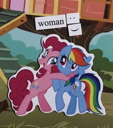 Size: 1604x1820 | Tagged: safe, artist:ponymagnets, imported from derpibooru, pinkie pie, rainbow dash, earth pony, pegasus, pony, clubhouse, crusaders clubhouse, duo, female, hug, implied lesbian, implied pinkiedash, implied shipping, magnet, photo, ponymagnets, woman