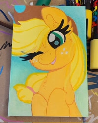 Size: 1628x2048 | Tagged: safe, artist:lbrcloud, imported from derpibooru, applejack, earth pony, pony, applejack's hat, chest fluff, cowboy hat, eyelashes, female, freckles, hat, one eye closed, smiling, solo, traditional art, wink