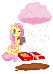 Size: 1679x2361 | Tagged: safe, artist:spring_spring, imported from derpibooru, part of a set, fluttershy, pegasus, pony, box, box of chocolates, chocolate, chocolate milk, chocolate rain, cloud, commission, commissioner:zcord, female, food, heart, heart eyes, heart hands, heart shaped, hearts and hooves day, holiday, implied discord, implied discoshy, implied shipping, implied straight, looking at you, milk, one eye closed, present, rain, simple background, sitting, solo, valentine's day, white background, wingding eyes, wink